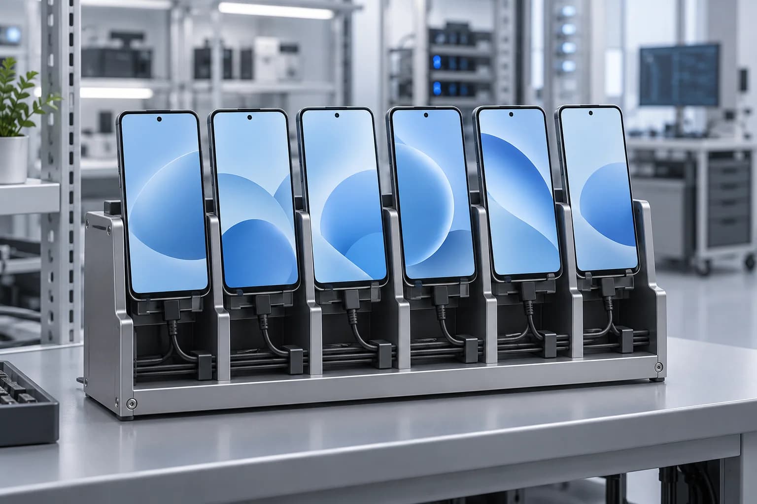 Illustration of physical Android phones mounted side by side in a hosting rack with connected cables